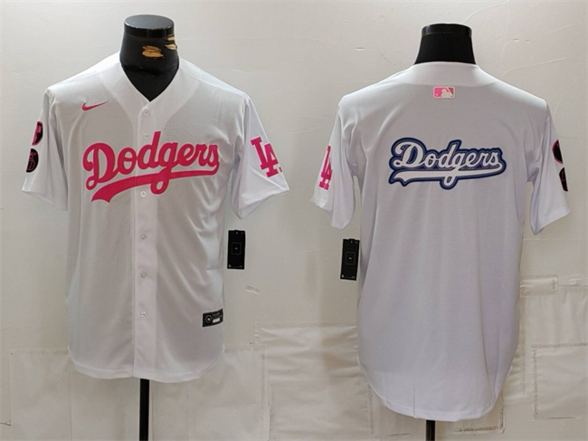 Men's Los Angeles Dodgers Team Big Logo White/Pink Vin & Kobe Patch Stitched Baseball Jersey Men's Los Angeles Dodgers Team Big Logo White/Pink Vin & Kobe Patch Stitched Baseball Jersey